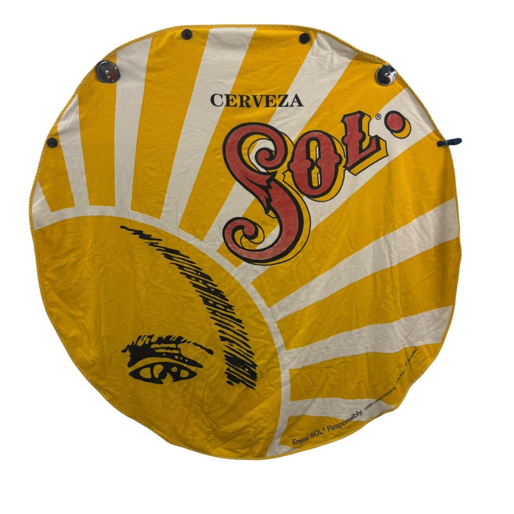 Vintage 2006 Cerveza Sol Round Beach Towel Yellow White Sunburst Cotton 60in